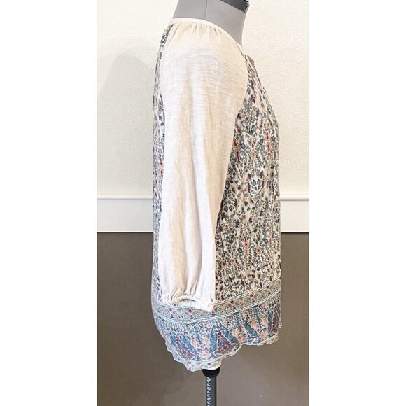 Vintage America Boho Peasant Top Sz M Tan 3/4 Sleeve Embroidered Floral - Picture 3 of 7